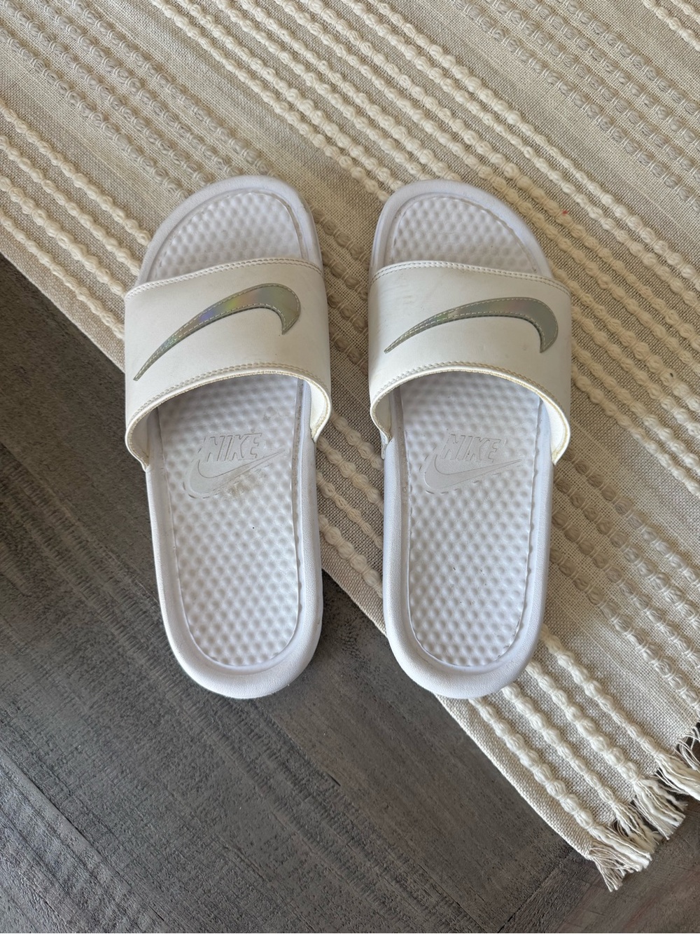 Nike White Slide Sandals with Iridescent Swoosh - Picture 2 of 3